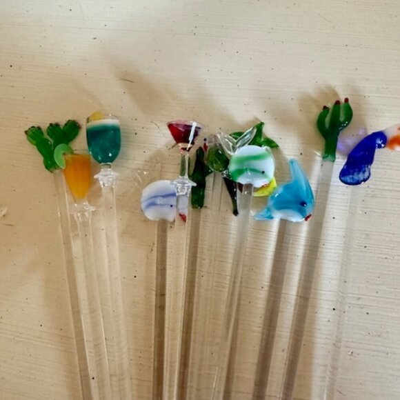 ANTIQUE VINTAGE BLOWN GLASS COCKTAIL SWIZZLE STIR STICKS - Picture 4 of 4